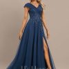 Formal & Evening | A-line V-Neck Floor-Length Tulle Lace Evening Dress With Pleated Sequins Navy Blue – Womens