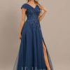 Formal & Evening | A-line V-Neck Floor-Length Tulle Lace Evening Dress With Pleated Sequins Navy Blue – Womens