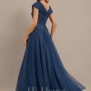 Formal & Evening | A-line V-Neck Floor-Length Tulle Lace Evening Dress With Pleated Sequins Navy Blue – Womens