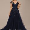 Formal & Evening | A-line V-Neck Floor-Length Tulle Lace Evening Dress With Sequins As Picture – Womens