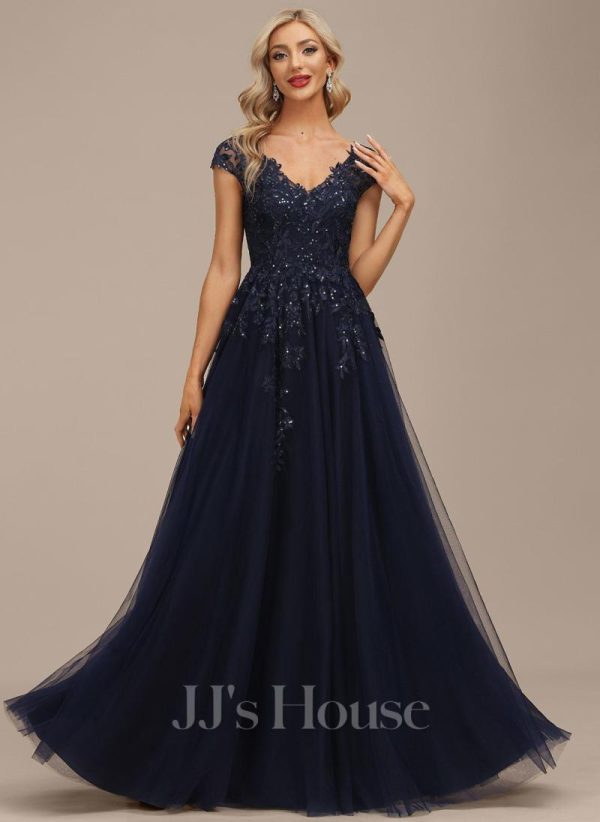 Formal & Evening | A-line V-Neck Floor-Length Tulle Lace Evening Dress With Sequins As Picture – Womens