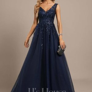 Formal & Evening | A-line V-Neck Floor-Length Tulle Lace Evening Dress With Sequins As Picture – Womens