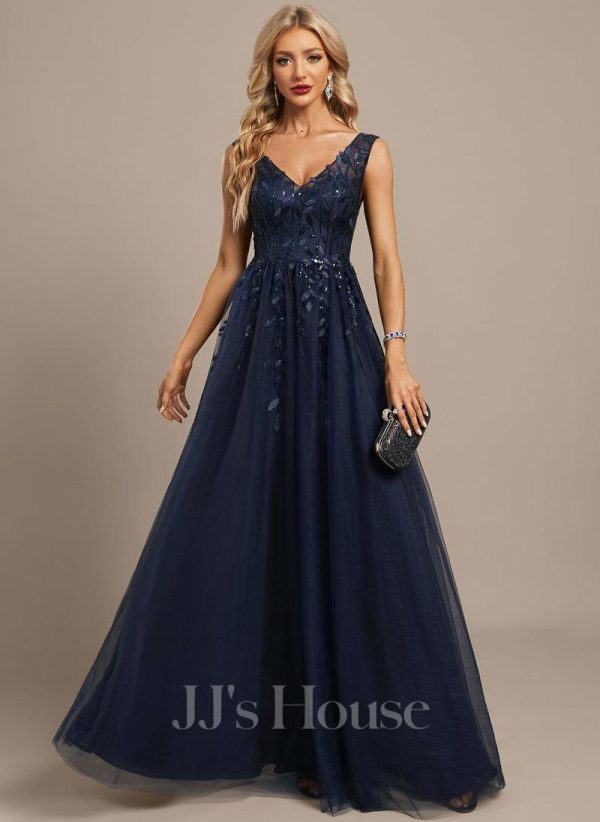 Formal & Evening | A-line V-Neck Floor-Length Tulle Lace Evening Dress With Sequins As Picture – Womens