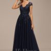 Formal & Evening | A-line V-Neck Floor-Length Tulle Lace Evening Dress With Sequins As Picture – Womens