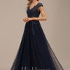 Formal & Evening | A-line V-Neck Floor-Length Tulle Lace Evening Dress With Sequins As Picture – Womens