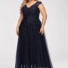 Formal & Evening | A-line V-Neck Floor-Length Tulle Lace Evening Dress With Sequins As Picture – Womens