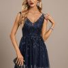 Formal & Evening | A-line V-Neck Floor-Length Tulle Lace Evening Dress With Sequins As Picture – Womens