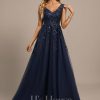 Formal & Evening | A-line V-Neck Floor-Length Tulle Lace Evening Dress With Sequins As Picture – Womens