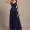 Formal & Evening | A-line V-Neck Floor-Length Tulle Lace Evening Dress With Sequins As Picture – Womens