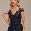 Formal & Evening | A-line V-Neck Floor-Length Tulle Lace Evening Dress With Sequins As Picture – Womens