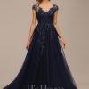 Formal & Evening | A-line V-Neck Floor-Length Tulle Lace Evening Dress With Sequins As Picture – Womens