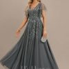 Formal & Evening | A-line V-Neck Floor-Length Tulle Lace Evening Dress With Sequins Steel Grey – Womens