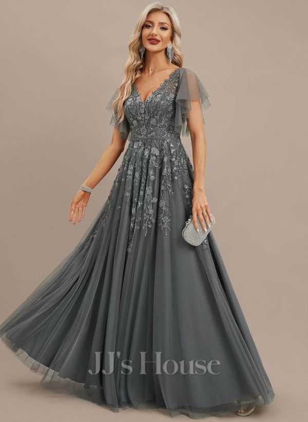 Formal & Evening | A-line V-Neck Floor-Length Tulle Lace Evening Dress With Sequins Steel Grey – Womens