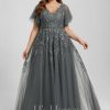 Formal & Evening | A-line V-Neck Floor-Length Tulle Lace Evening Dress With Sequins Steel Grey – Womens