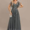 Formal & Evening | A-line V-Neck Floor-Length Tulle Lace Evening Dress With Sequins Steel Grey – Womens