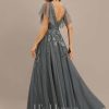 Formal & Evening | A-line V-Neck Floor-Length Tulle Lace Evening Dress With Sequins Steel Grey – Womens