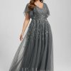 Formal & Evening | A-line V-Neck Floor-Length Tulle Lace Evening Dress With Sequins Steel Grey – Womens