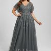 Formal & Evening | A-line V-Neck Floor-Length Tulle Lace Evening Dress With Sequins Steel Grey – Womens