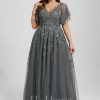 Formal & Evening | A-line V-Neck Floor-Length Tulle Lace Evening Dress With Sequins Steel Grey – Womens