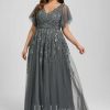 Formal & Evening | A-line V-Neck Floor-Length Tulle Lace Evening Dress With Sequins Steel Grey – Womens