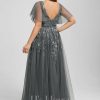 Formal & Evening | A-line V-Neck Floor-Length Tulle Lace Evening Dress With Sequins Steel Grey – Womens