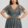 Formal & Evening | A-line V-Neck Floor-Length Tulle Lace Evening Dress With Sequins Steel Grey – Womens