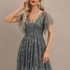 Formal & Evening | A-line V-Neck Floor-Length Tulle Lace Evening Dress With Sequins Steel Grey – Womens