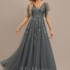 Formal & Evening | A-line V-Neck Floor-Length Tulle Lace Evening Dress With Sequins Steel Grey – Womens