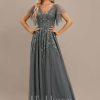 Formal & Evening | A-line V-Neck Floor-Length Tulle Lace Evening Dress With Sequins Steel Grey – Womens