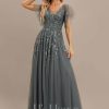 Formal & Evening | A-line V-Neck Floor-Length Tulle Lace Evening Dress With Sequins Steel Grey – Womens