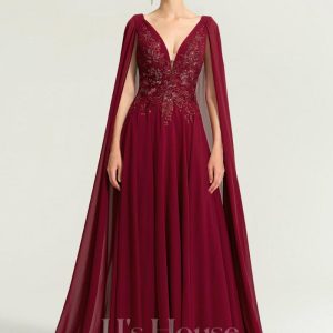 Formal & Evening | A-line V-Neck Sweep Train Lace Chiffon Evening Dress With Sequins Burgundy – Womens