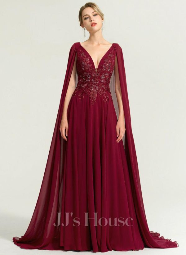 Formal & Evening | A-line V-Neck Sweep Train Lace Chiffon Evening Dress With Sequins Burgundy – Womens