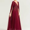 Formal & Evening | A-line V-Neck Sweep Train Lace Chiffon Evening Dress With Sequins Burgundy – Womens