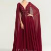 Formal & Evening | A-line V-Neck Sweep Train Lace Chiffon Evening Dress With Sequins Burgundy – Womens