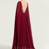 Formal & Evening | A-line V-Neck Sweep Train Lace Chiffon Evening Dress With Sequins Burgundy – Womens