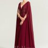 Formal & Evening | A-line V-Neck Sweep Train Lace Chiffon Evening Dress With Sequins Burgundy – Womens