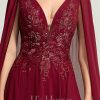 Formal & Evening | A-line V-Neck Sweep Train Lace Chiffon Evening Dress With Sequins Burgundy – Womens