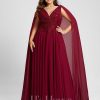 Formal & Evening | A-line V-Neck Sweep Train Lace Chiffon Evening Dress With Sequins Burgundy – Womens