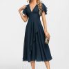 Formal & Evening | A-line V-Neck Tea-Length Chiffon Evening Dress With Cascading Ruffles Dark Navy – Womens