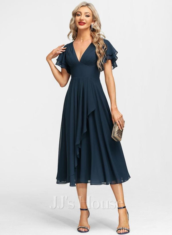 Formal & Evening | A-line V-Neck Tea-Length Chiffon Evening Dress With Cascading Ruffles Dark Navy – Womens