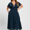 Formal & Evening | A-line V-Neck Tea-Length Chiffon Evening Dress With Cascading Ruffles Dark Navy – Womens