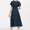 Formal & Evening | A-line V-Neck Tea-Length Chiffon Evening Dress With Cascading Ruffles Dark Navy – Womens