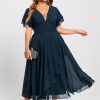 Formal & Evening | A-line V-Neck Tea-Length Chiffon Evening Dress With Cascading Ruffles Dark Navy – Womens