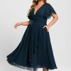 Formal & Evening | A-line V-Neck Tea-Length Chiffon Evening Dress With Cascading Ruffles Dark Navy – Womens