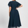 Formal & Evening | A-line V-Neck Tea-Length Chiffon Evening Dress With Cascading Ruffles Dark Navy – Womens