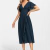 Formal & Evening | A-line V-Neck Tea-Length Chiffon Evening Dress With Cascading Ruffles Dark Navy – Womens