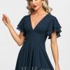 Formal & Evening | A-line V-Neck Tea-Length Chiffon Evening Dress With Cascading Ruffles Dark Navy – Womens