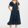 Formal & Evening | A-line V-Neck Tea-Length Chiffon Evening Dress With Cascading Ruffles Dark Navy – Womens