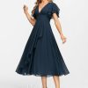 Formal & Evening | A-line V-Neck Tea-Length Chiffon Evening Dress With Cascading Ruffles Dark Navy – Womens