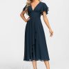 Formal & Evening | A-line V-Neck Tea-Length Chiffon Evening Dress With Cascading Ruffles Dark Navy – Womens